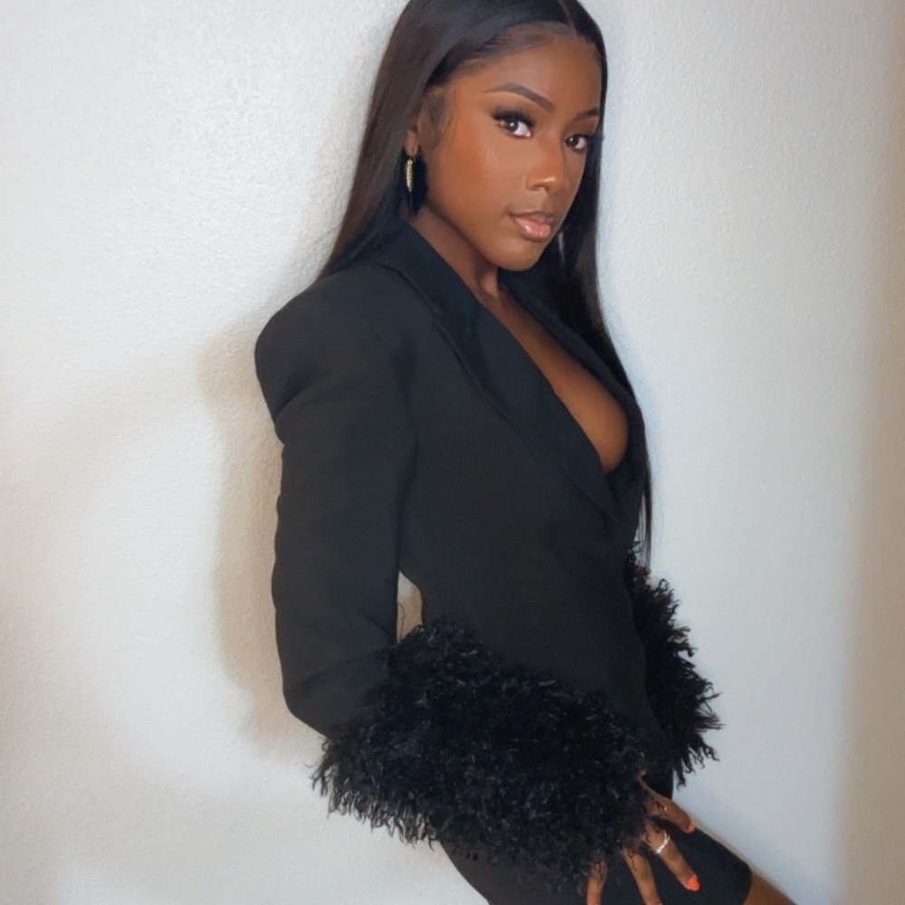 PrettyLittleThing Black Blazer with Faux Fur Cuffs